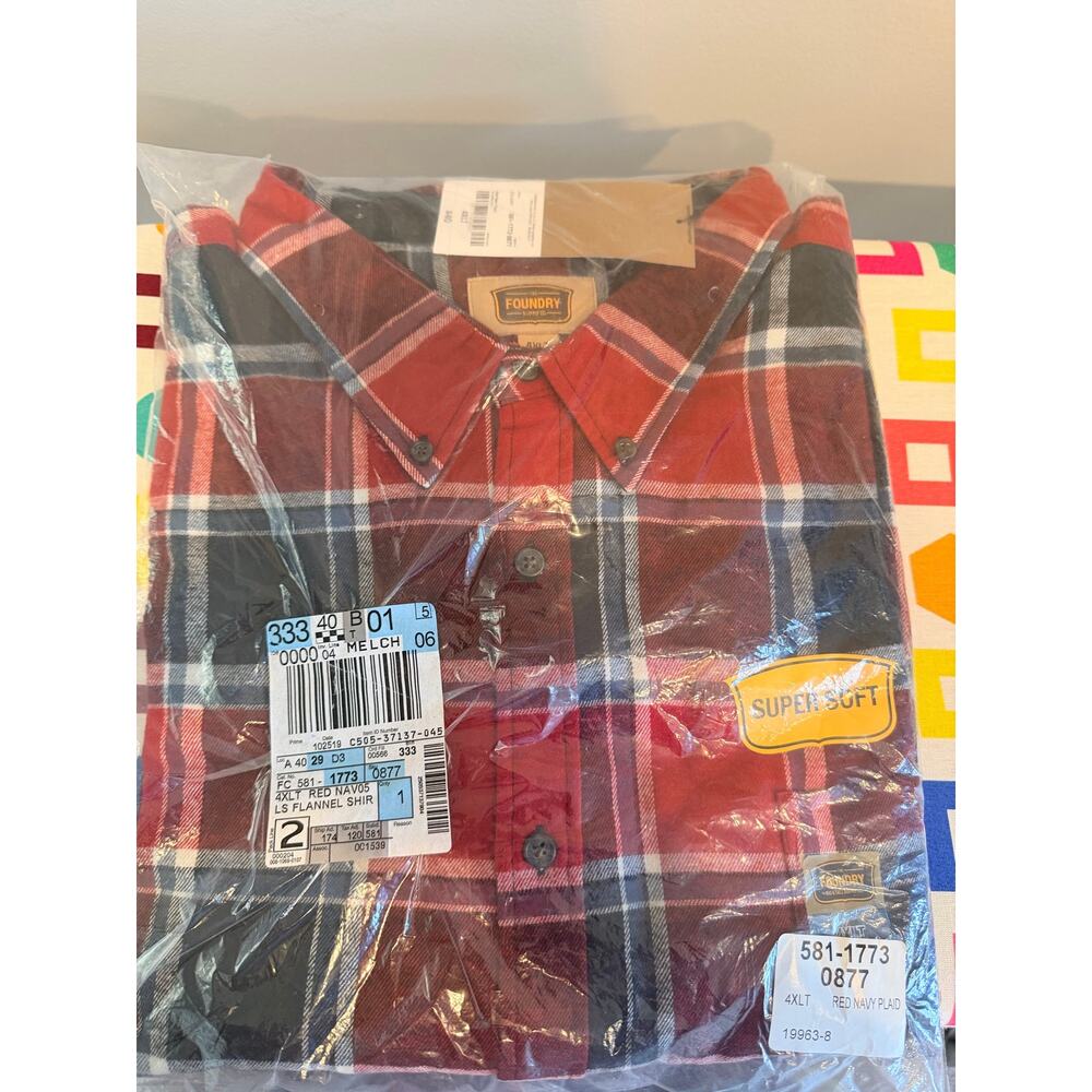 Foundry Big & Tall Men's 4XLT Flannel Shirt Red Navy Plaid NWT Super Soft